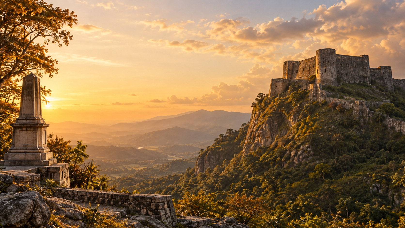 Fort et paysage montagneux au coucher du soleil